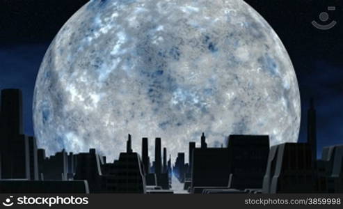 The huge silver moon in the night star sky. The city of aliens from high buildings is filled in with light of the moon. The long direct street, at the end of which blue being shone fog.