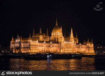 The Hungarian Parliament at night, Budapest, Hungary.