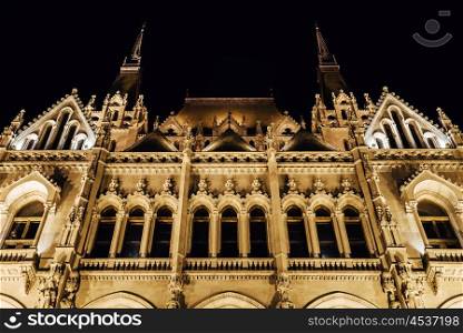 The Hungarian Parliament in Budapest on the Danube in the night lights of the street lamps