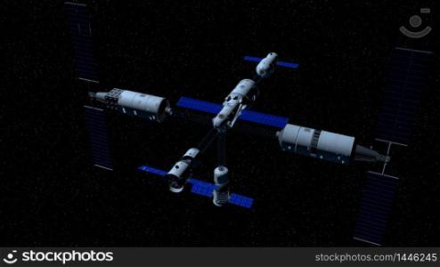 The illustration shows the modules of the TIANGONG 3 - Chinese space station in the direction of coupling to the TIANHE core module on black space with stars background. 3D Illustration. TIANGONG 3 - Chinese space station modules in the direction of coupling to the TIANHE core module on black space with stars background. 3D Illustration