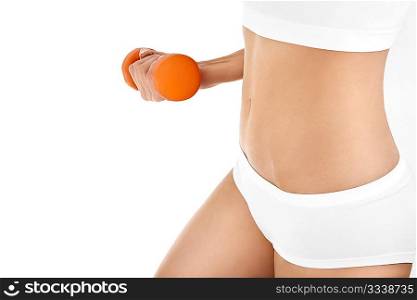 The image of the hand lifting a dumbbell against a stomach sideways, isolated