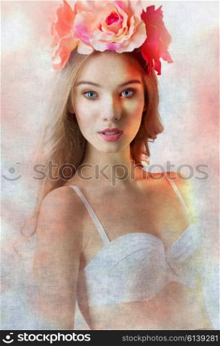 THE IMAGES IN FILTERED with texture . Beautiful, vintage, natural, charming woman with long curly hair, white bra, and flowers on the head.
