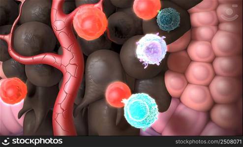 The immune system and cancer 3D illustration. The immune system and cancer