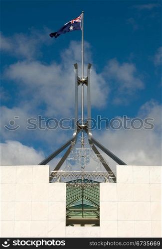 The imposiing structure of the flag pole atop Australia&rsquo;s Parliament House