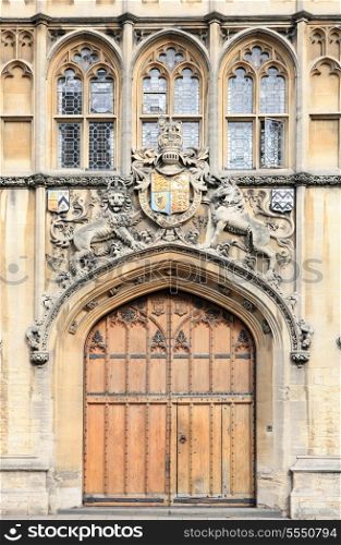 The imposing entrance to Brasenose College, Oxford, England, awash with heraldic symbols.