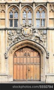 The imposing entrance to Brasenose College, Oxford, England, awash with heraldic symbols.