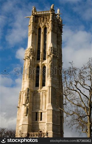 The imposing stone structure of Saint-Jacques Tower, Paris, France