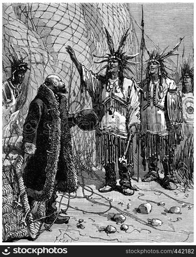 The Indian came forward and said: My brother is a great leader, vintage engraved illustration. Journal des Voyage, Travel Journal, (1880-81).