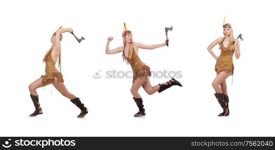 The indian woman with axes on white. Indian woman with axes on white