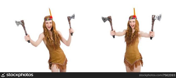 The indian woman with axes on white. Indian woman with axes on white