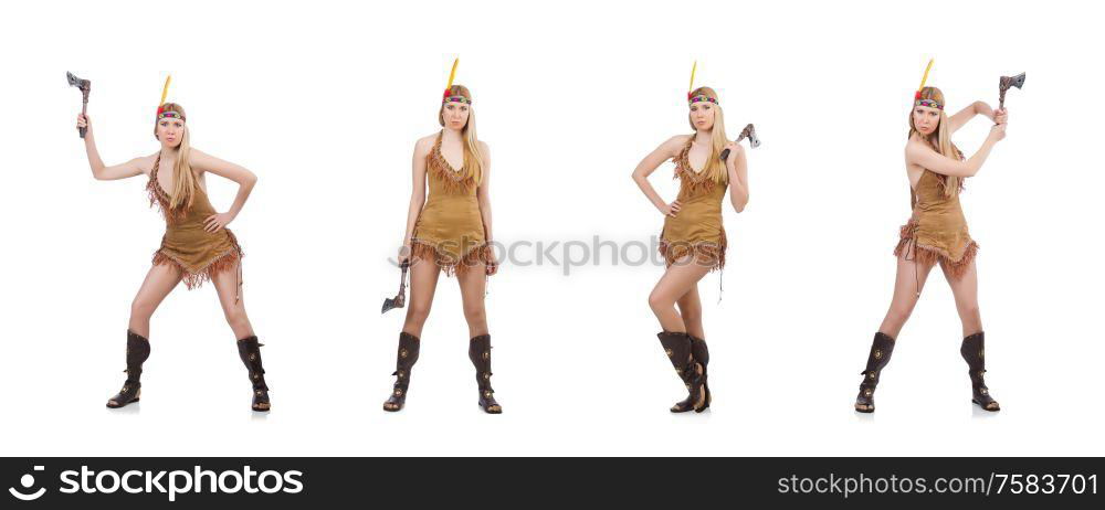 The indian woman with axes on white. Indian woman with axes on white