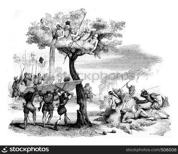 The Indians of Dabaibe, vintage engraved illustration. Magasin Pittoresque 1842.