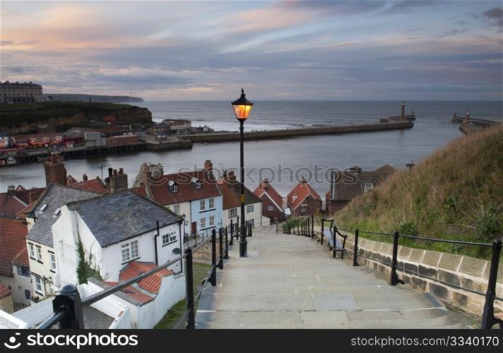 The Infamous Whitby Steps At Sunset, North Yorkshire, UK