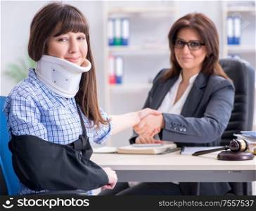 The injured employee visiting lawyer for advice on insurance. Injured employee visiting lawyer for advice on insurance