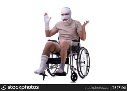 The injured man in wheel-chair isolated on white. Injured man in wheel-chair isolated on white