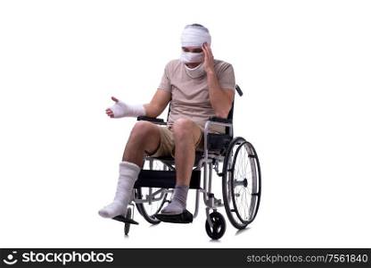 The injured man in wheel-chair isolated on white. Injured man in wheel-chair isolated on white