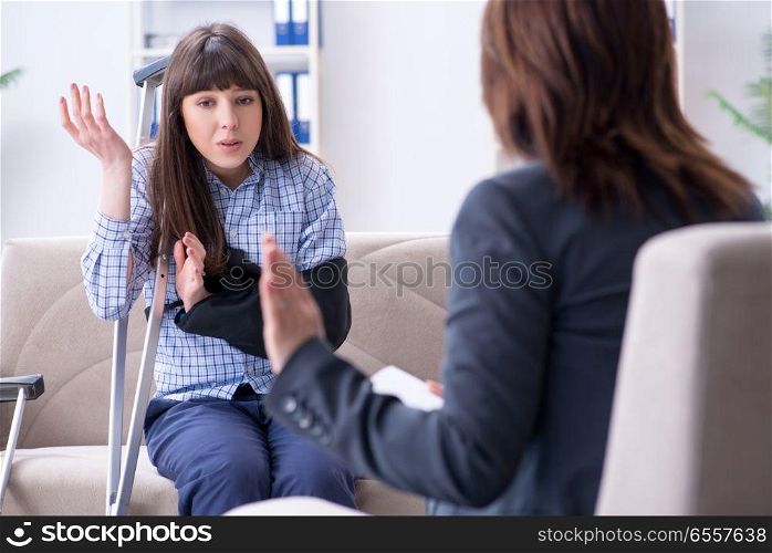 The injured woman visiting phychologist for advice. Injured woman visiting phychologist for advice