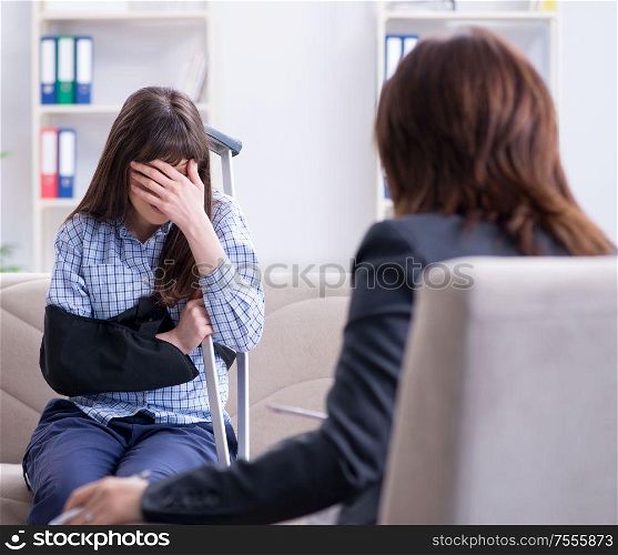 The injured woman visiting phychologist for advice. Injured woman visiting phychologist for advice
