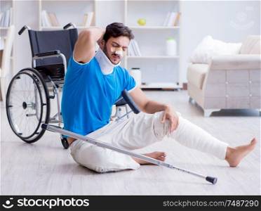 The injured young man recovering at home. Injured young man recovering at home