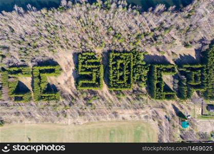 The inscription (geoglyph) 50 of the USSR made of evergreen trees on the banks of the Uvodsky reservoir, the village of Egoriy, Ivanovo Region, Russia.