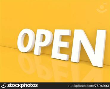 The inscription is open in large letters on a yellow background. 3d render illustration. 