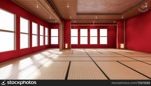 The interior color Red room inteior with tatami mat floor.3D rendering