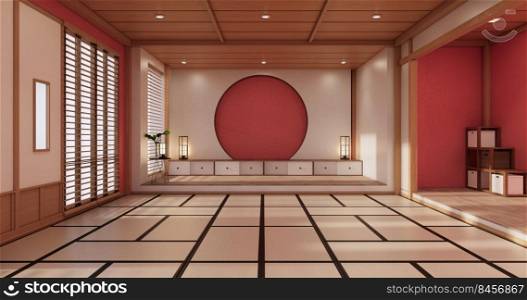The interior color Red room inteior with tatami mat floor.3D rendering