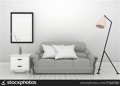The interior gray sofa lamp and frame on empty white wall background,3D rendering