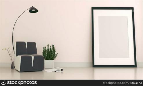 The interior has a sofa and lamp on empty white wall background,3D rendering