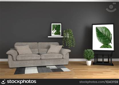 The interior has a sofa and plants on empty white wall background,3D rendering