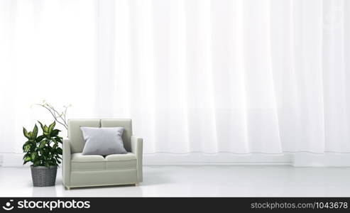 The interior has a sofa and plants on empty white wall background. 3D rendering