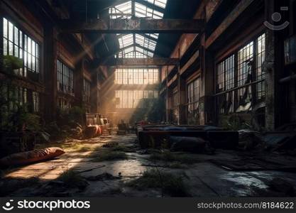The interior of a dark large derelict deserted old factory with light from the windows reflected on the wet floor created by generative AI 