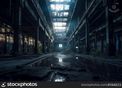The interior of a dark large derelict deserted old factory with light from the windows reflected on the wet floor created by generative AI 