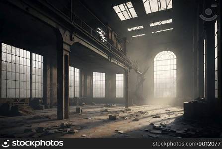 The interior of a dark large derelict deserted old factory with light from the windows reflected on the wet floor created by generative AI  