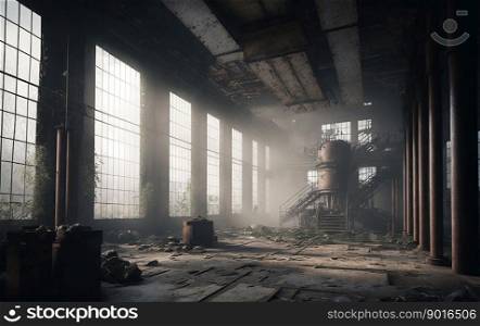 The interior of a dark large derelict deserted old factory with light from the windows reflected on the wet floor created by generative AI  