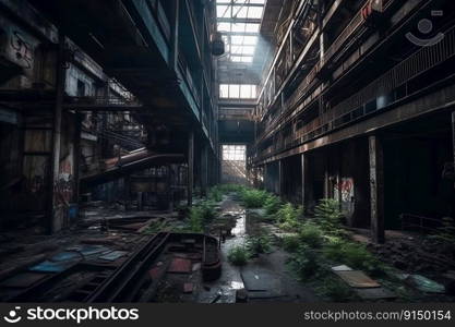 The interior of a dark large derelict deserted old factory with light from the windows reflected on the wet floor created by generative AI 