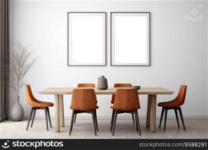 The interior of a modern kitchen and living room with a dining table and frames on the wall. Wooden decoration. The interior of a modern kitchen and living room with a dining table and frames on the wall