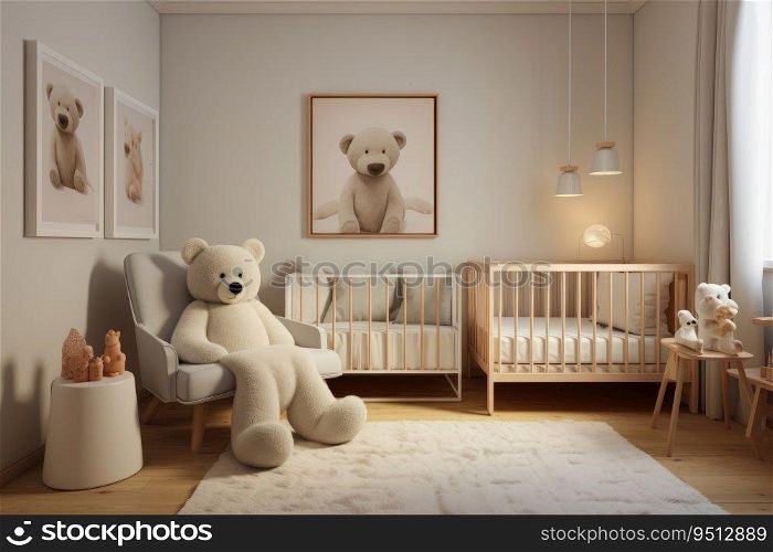 The interior of a Scandinavian-style children’s bedroom with cots and soft toys. Picture frames on the wall. The interior of a children’s bedroom with cots and soft toys