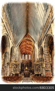 The Interior of the Cathedral in St Hubert, Belgium. Saint Hubrt's Church art and structure inside the church. Vintage Style Toned Picture