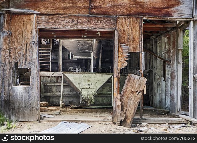 The interior of the cinnabar ore processing building at the old Blue Ridge Mine in the Ochoco Mountains of Central Oregon is open to the elements.
