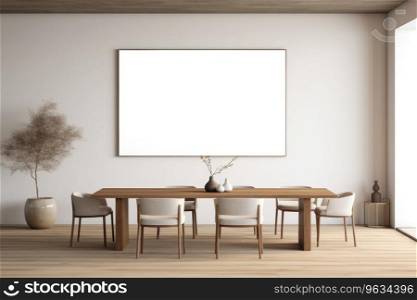 The interior of the dining room with an empty frame on the wall in Scandinavian style. The interior of the dining room with an empty frame on the wall