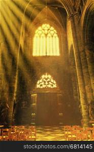 The Interior of the Notre-Dame church in Dinant, Belgium. Collegiate Church of Notre-Dame art and structure inside the church. Vintage style toned picture