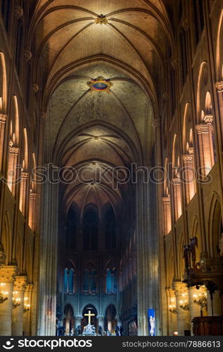 The interior of the Notre Dame de Paris at night, France