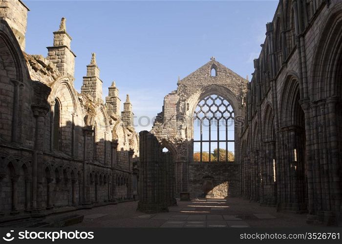 The interior of the ruins of the main building in an old abbey in Edinburgh, Scotland.