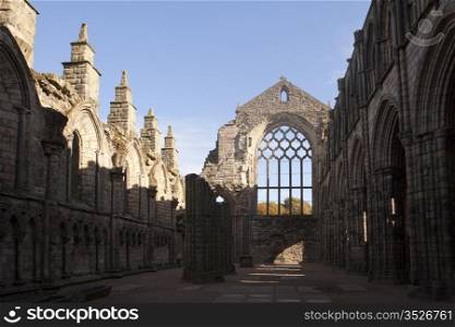 The interior of the ruins of the main building in an old abbey in Edinburgh, Scotland.