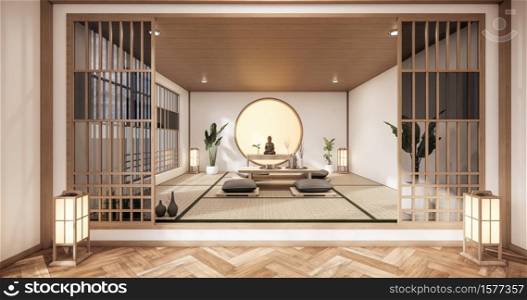 the interior with circle window wooden design idea of room japan and tatami mat. 3D rendering