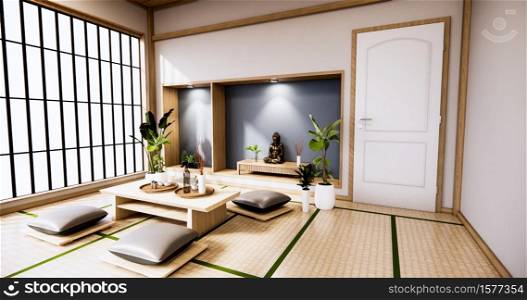 the interior with shelf wall design in room tropical style minimal design. 3d rendering
