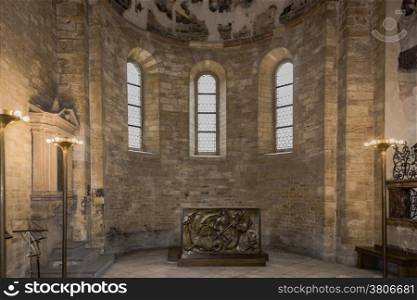 The interiors of Saint George Basilica in Prague: ancient carving art