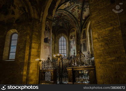 The interiors of Saint George Basilica in Prague: ancient frescos on ceilings