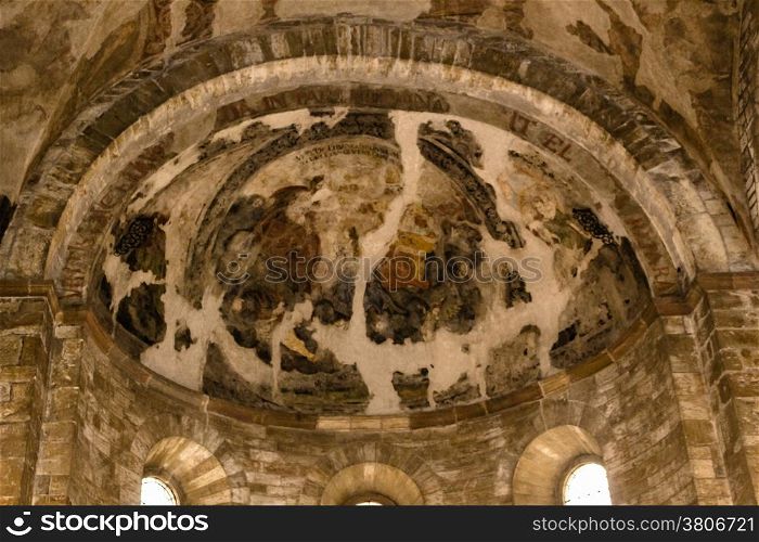 The interiors of Saint George Basilica in Prague: ancient frescos on ceilings